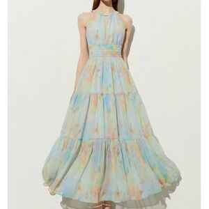 Halter Neck Ruffle Maxi Dress With Adjustable Neck Tie Size Small